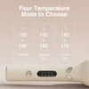 A white curling iron is shown with temperature settings for fine, normal, and coarse hair.