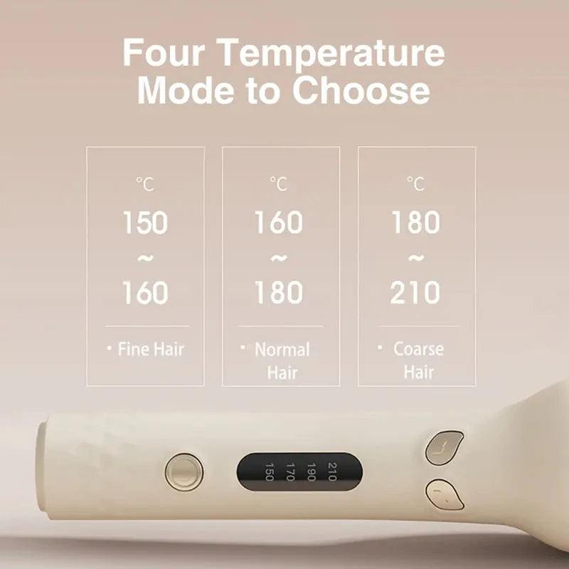 A white curling iron is shown with temperature settings for fine, normal, and coarse hair.
