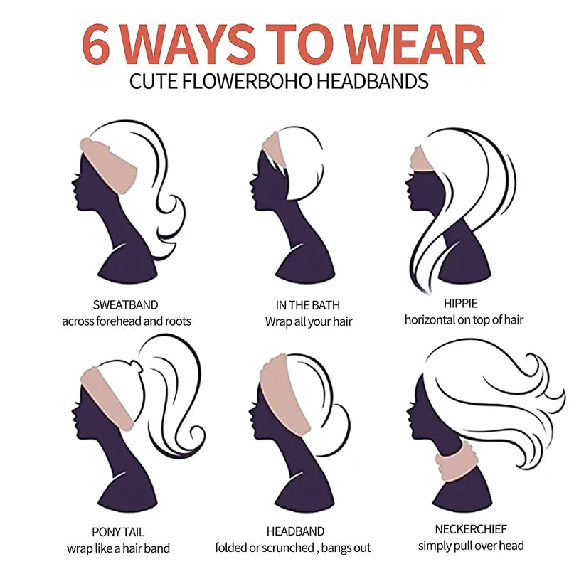 Six ways to wear cute flower boho headbands shown on a woman's silhouette.