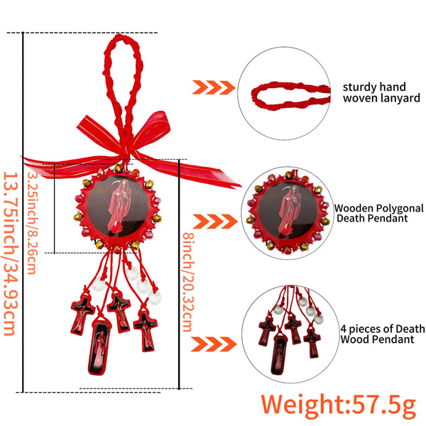 A red lanyard featuring a wooden polygonal death pendant and four pieces of death wood pendants.