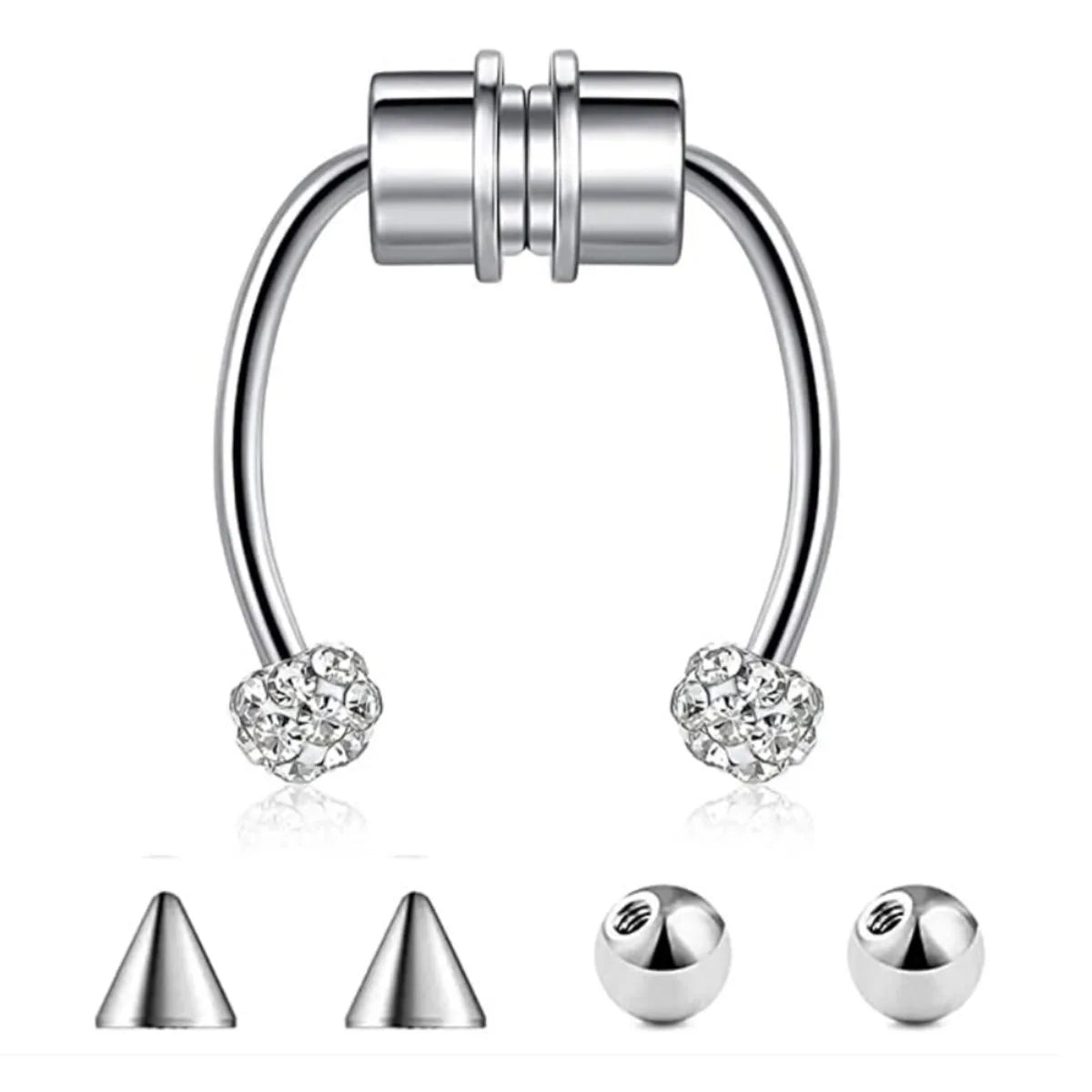 A stainless steel nose ring hoop and several conical and spherical nose piercing jewelry pieces.