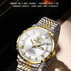 A silver and gold luxury quartz wristwatch for men with a metal bracelet displayed on a dark background.