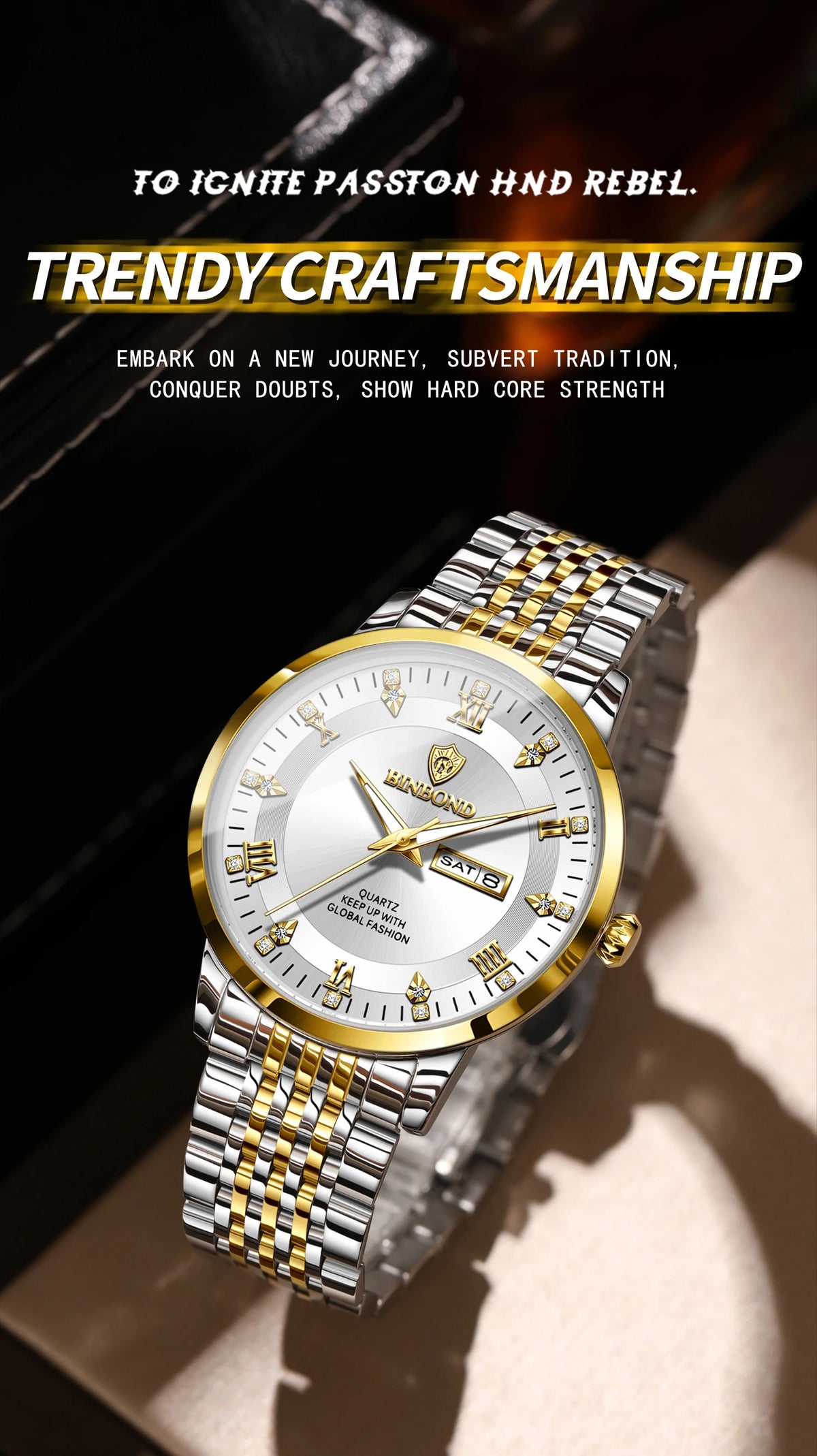 A silver and gold luxury quartz wristwatch for men with a metal bracelet displayed on a dark background.