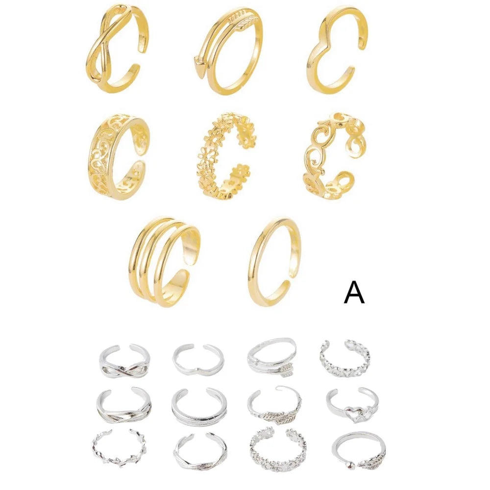 A set of gold and silver adjustable open toe rings for women