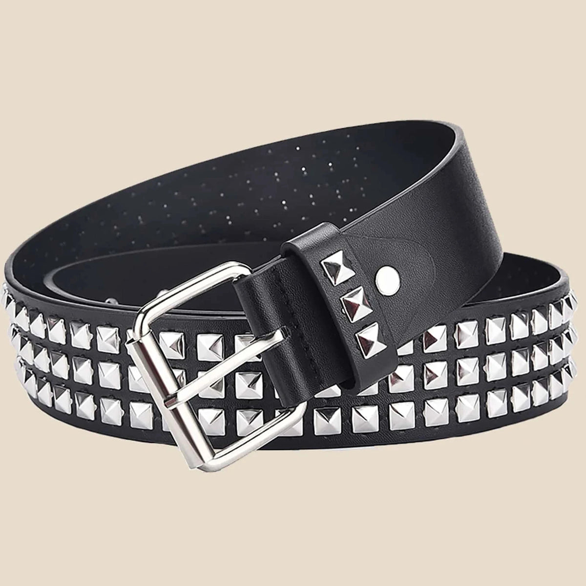 Black leather belt with silver pyramid bead rivets and a star pattern on the surface