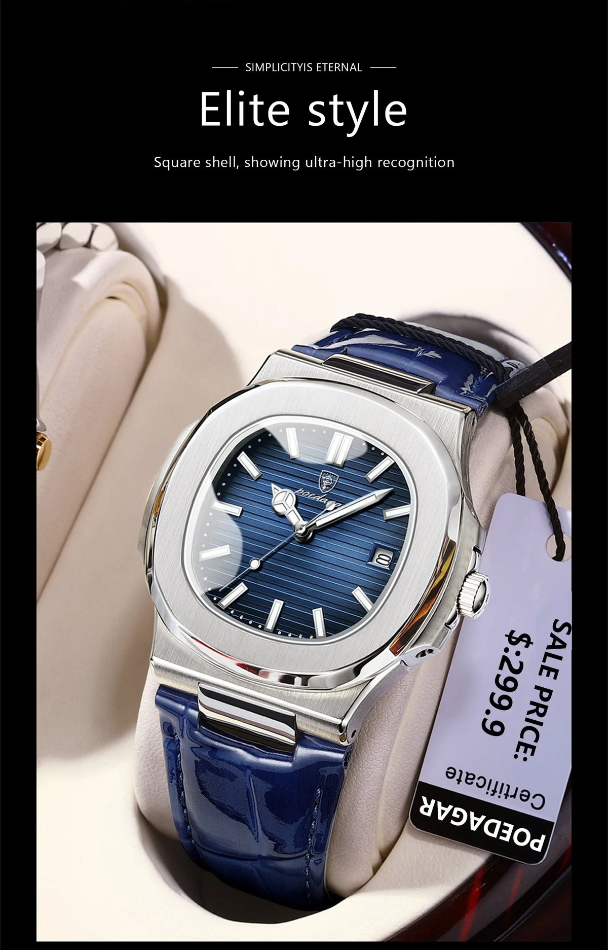A close-up of a blue leather strap luxury watch with a silver case and blue dial on a light background.
