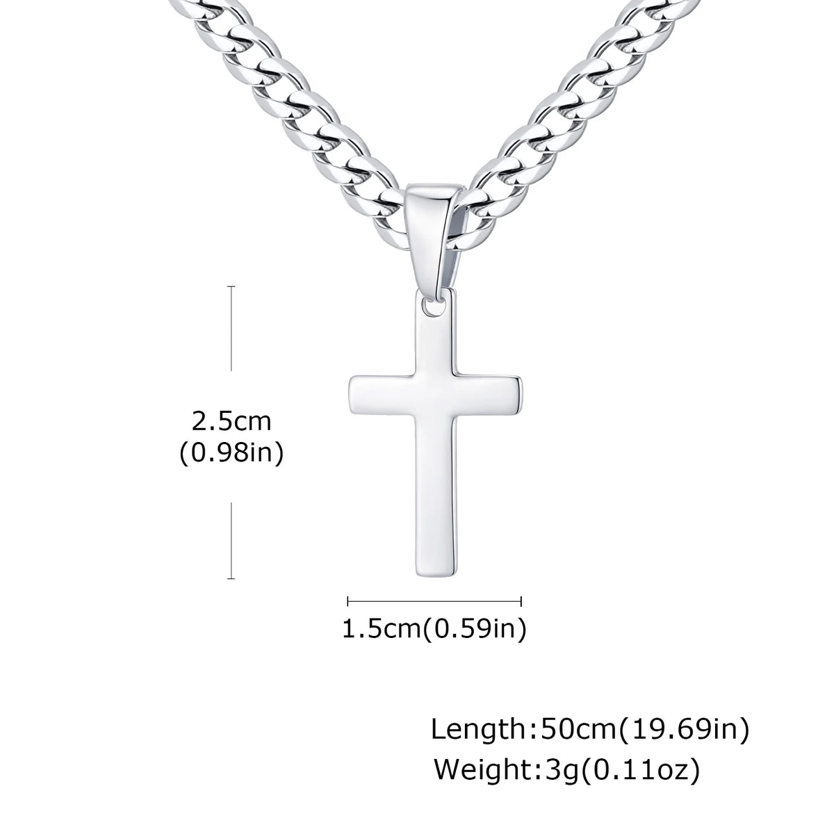 Silver stainless steel Cuban link necklace featuring a cross pendant and a chain.