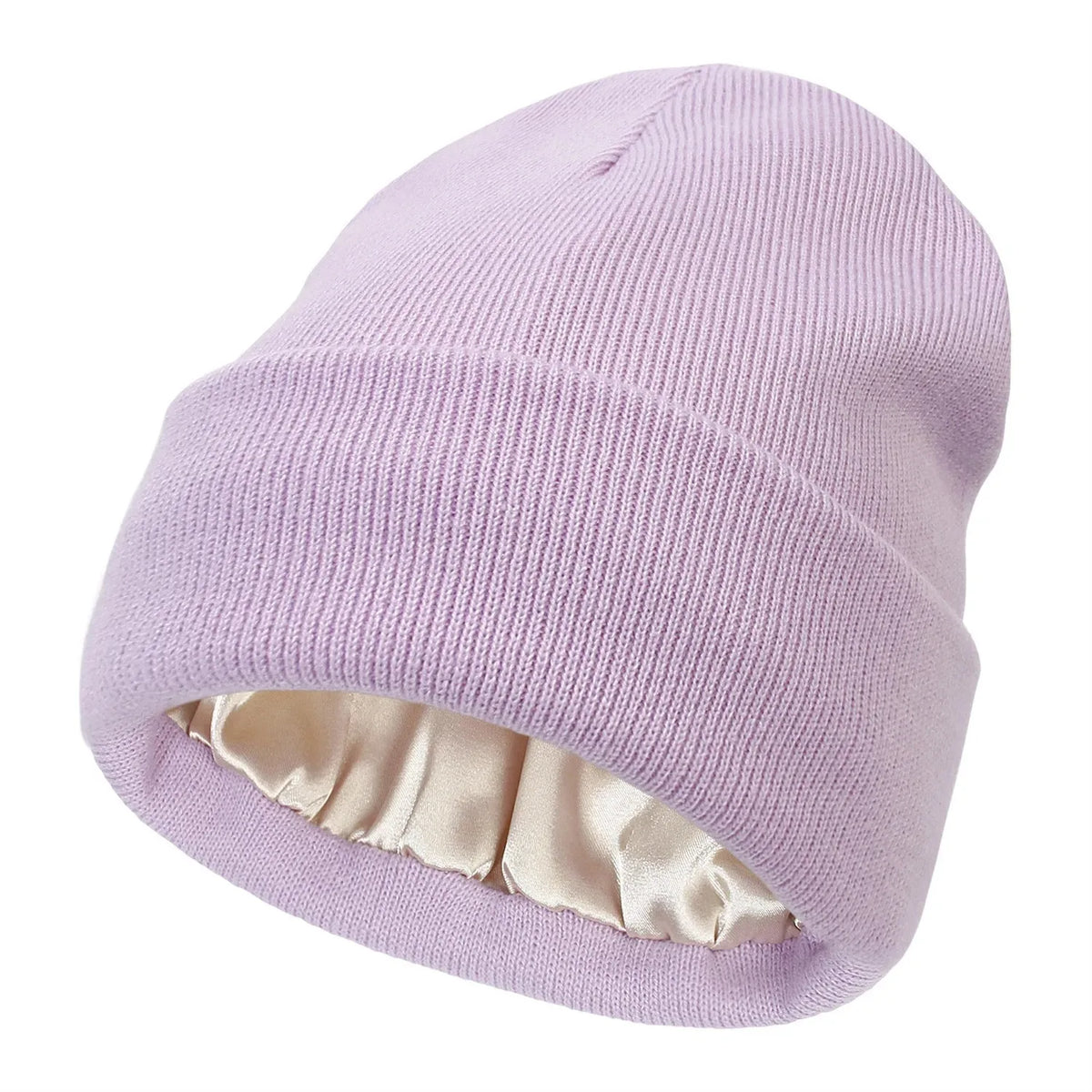 A light purple satin-lined beanie hat with a ribbed texture.
