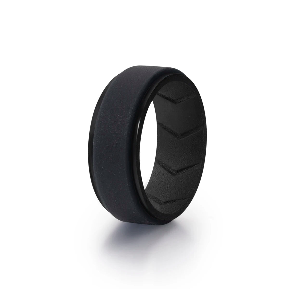 A black silicone wedding band is shown on a white background.