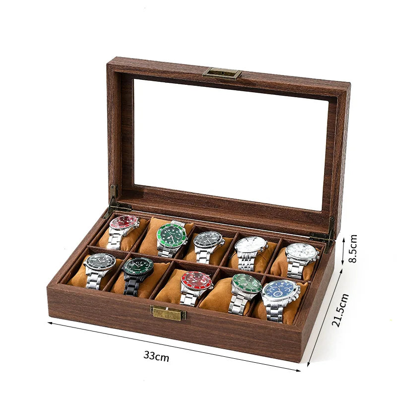 Holzkiste zur Uhrenpräsentation mit Glasdeckel, die mehrere Lederarmbanduhren zeigt.