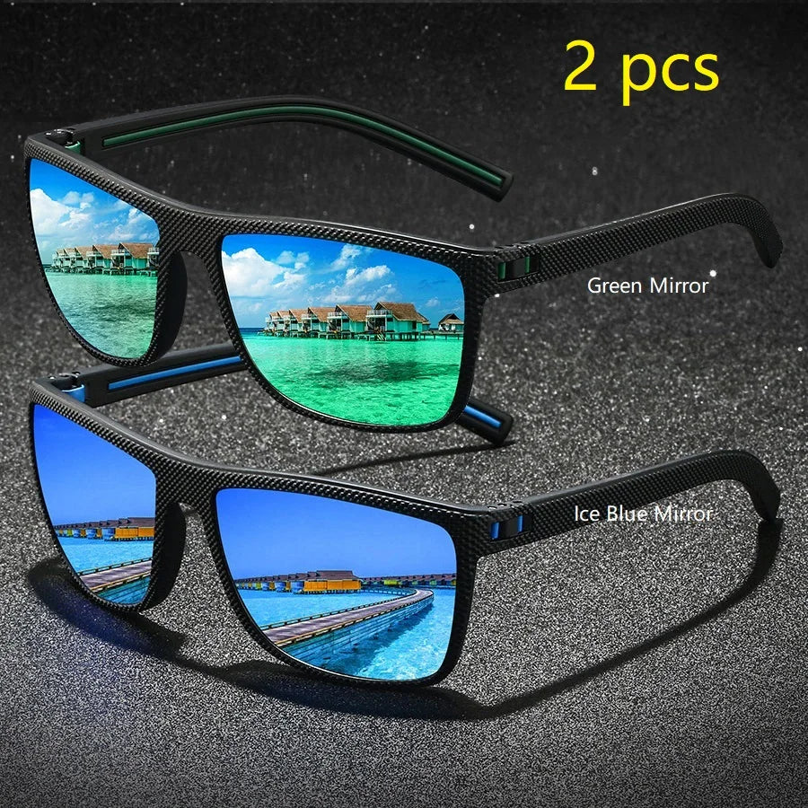 Two pairs of vintage check pattern sunglasses, one green mirror and one ice blue mirror.