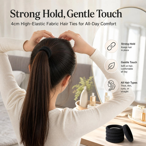 A woman is tying a ponytail with black elastic hair ties, demonstrating the strong hold and gentle touch of the fabric.
