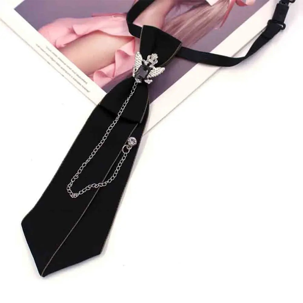 Black gothic crystal rhinestone bow tie necktie tied on a shirt