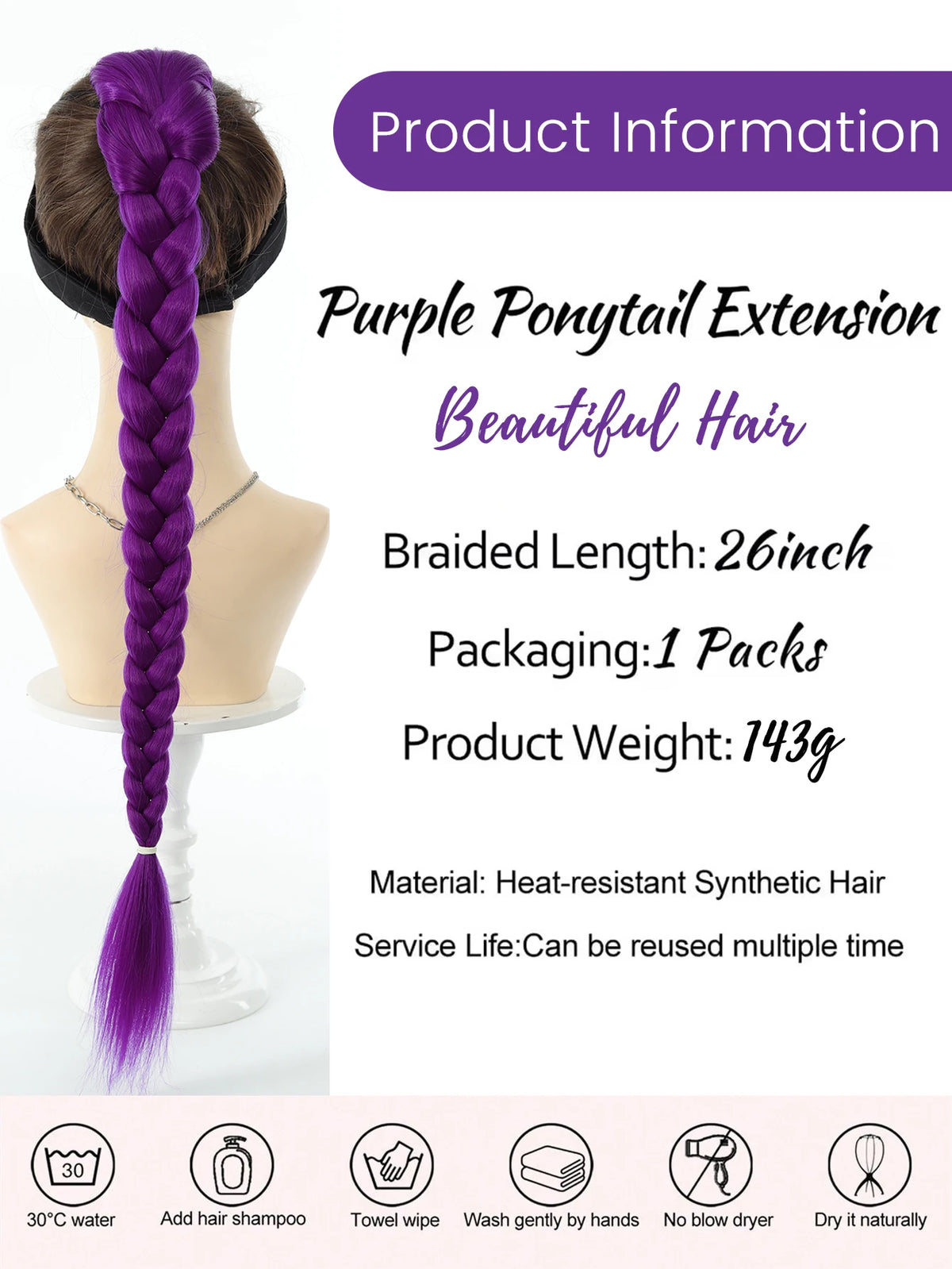 Purple ponytail extension hair braided 26 inches packaged for beautiful hair