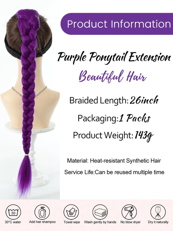 Purple ponytail extension hair braided 26 inches packaged for beautiful hair
