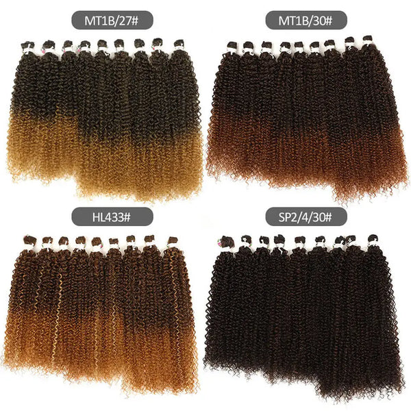 Four bundles of long curly hair extensions in various shades including brown, blonde, and black