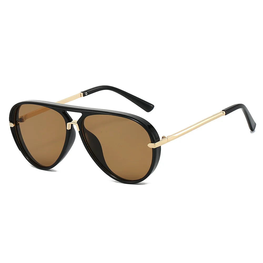 Brown tinted aviator style sunglasses with black frames and gold accents