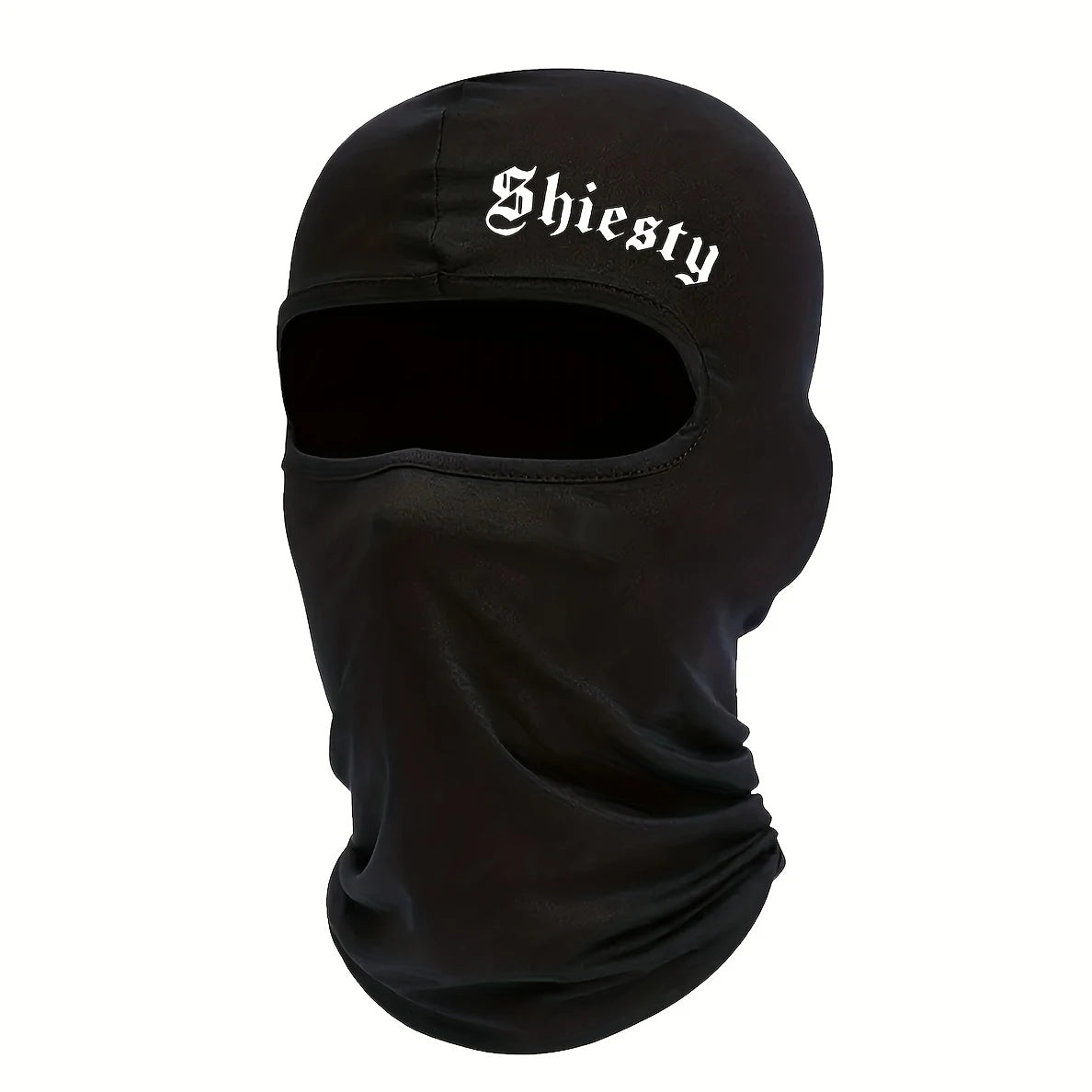 Mascarilla facial balaclava negra con el nombre Shisty impreso en texto blanco