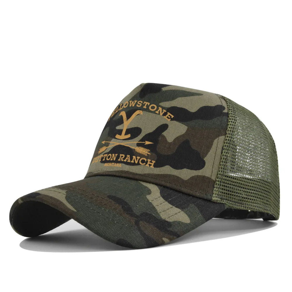 A camouflage baseball cap featuring a yellow Y logo and the text 'IRON RANCH' on a dark olive green fabric.