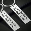 Silver keychain tags engraved with the message I Love You The End I win I Love You more I win