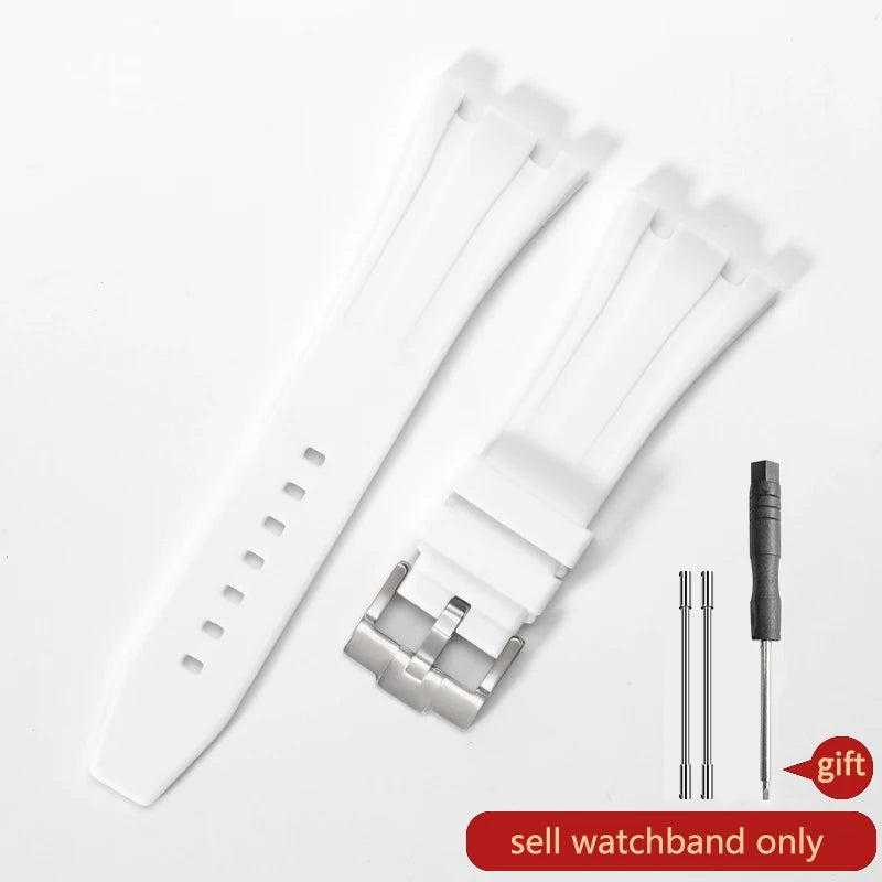 White silicone watch band with a quick release buckle and a separate pin shown on a white background.