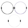Three adjustable crop tuck bands for shirts and sweaters shown in black, purple, and white.