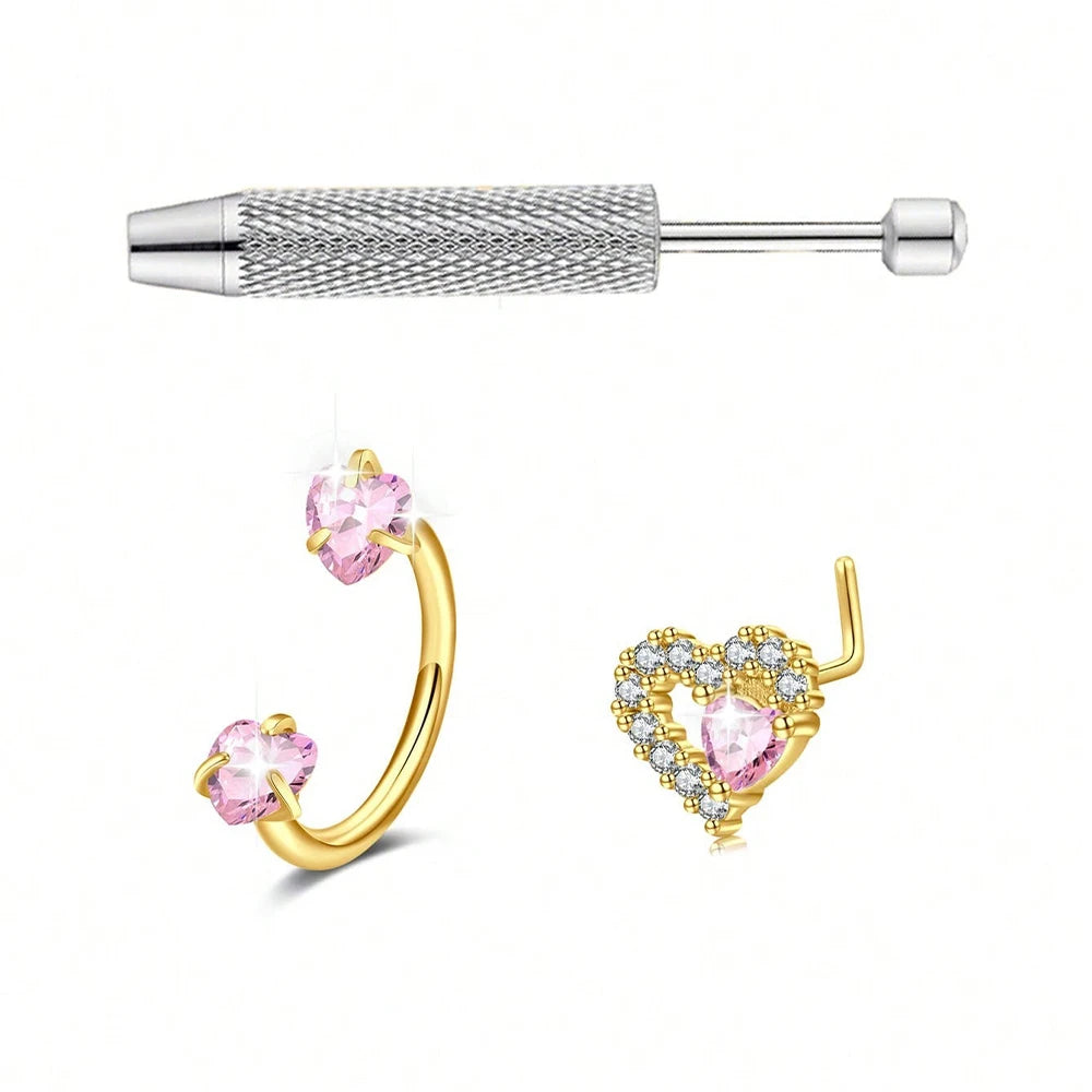 Three pieces of stainless steel heart horseshoe nose studs, including a stud and a curved hoop.