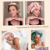 A set of satin sleeping bonnets in pink and green, shown on models and a person sleeping.