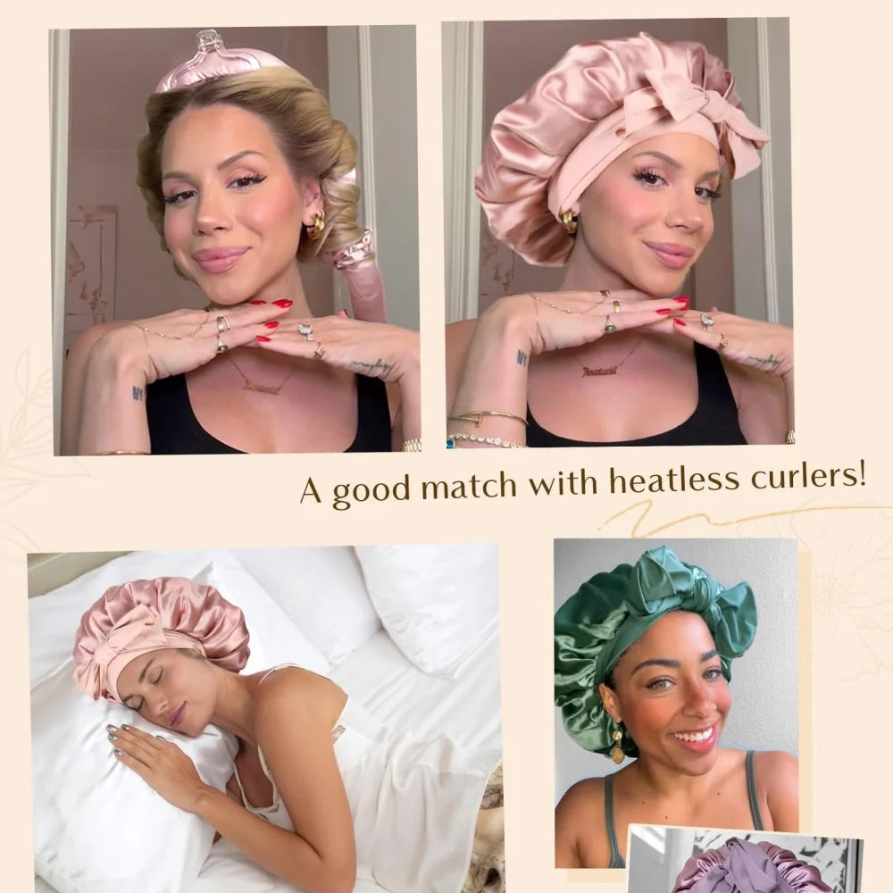A set of satin sleeping bonnets in pink and green, shown on models and a person sleeping.