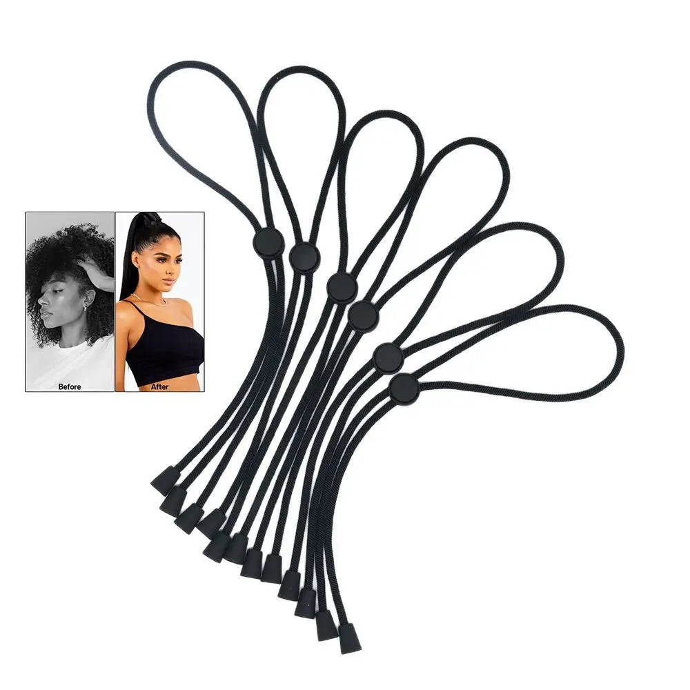 Black adjustable hair ties designed to stretch and hold curly hair