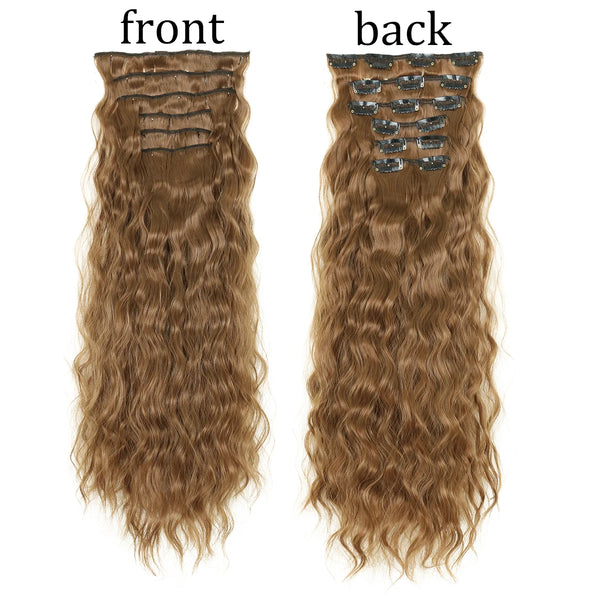 Front and back views of 22-inch curly wave synthetic hair extensions in a brown color