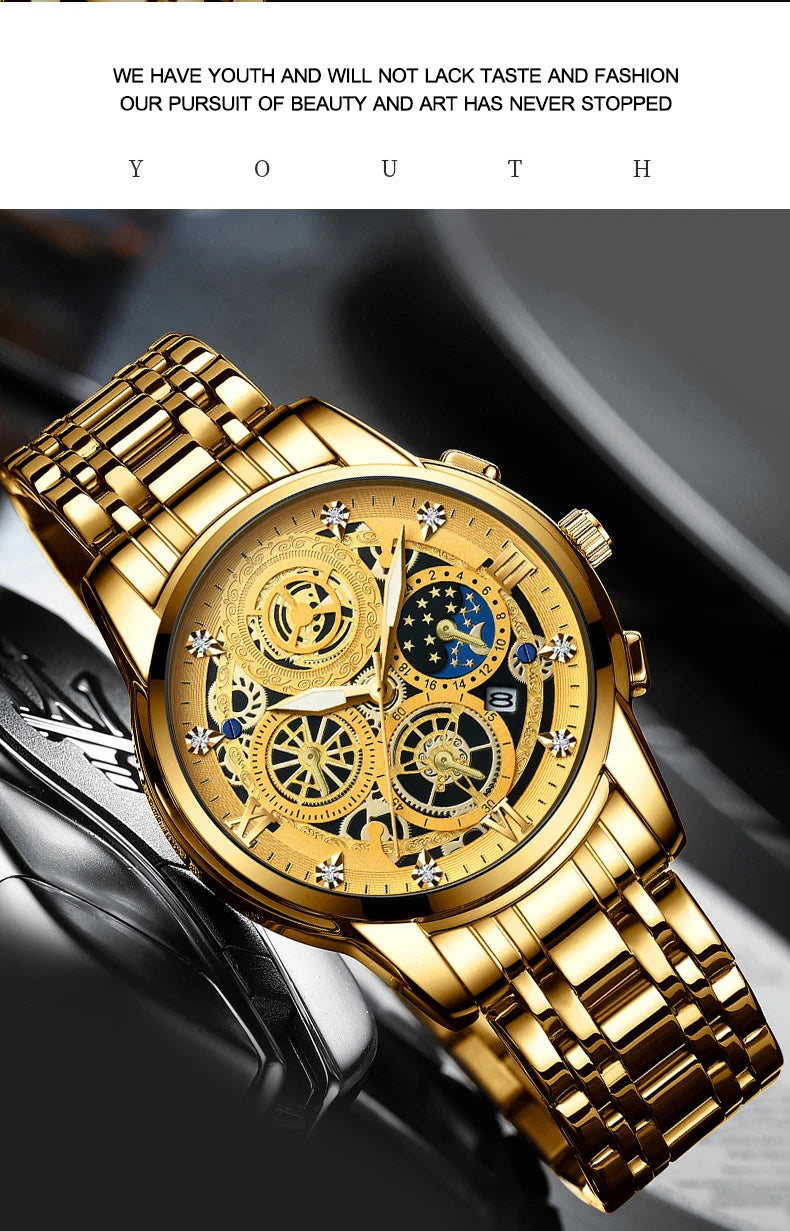 A close-up shot of a gold-toned stainless steel quartz wristwatch with a detailed dial and bracelet.