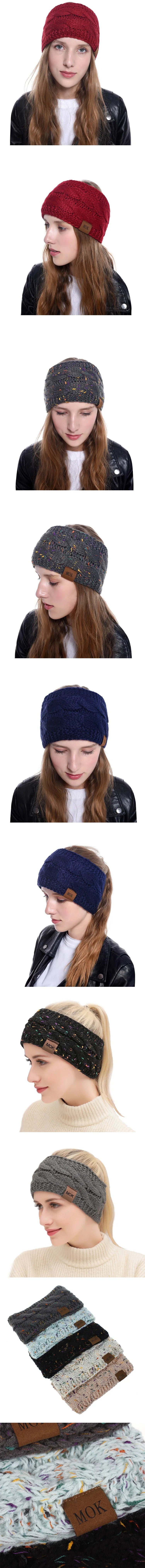 A collection of women wearing various knitted winter ear warmer beanies in shades of red, gray, and blue.