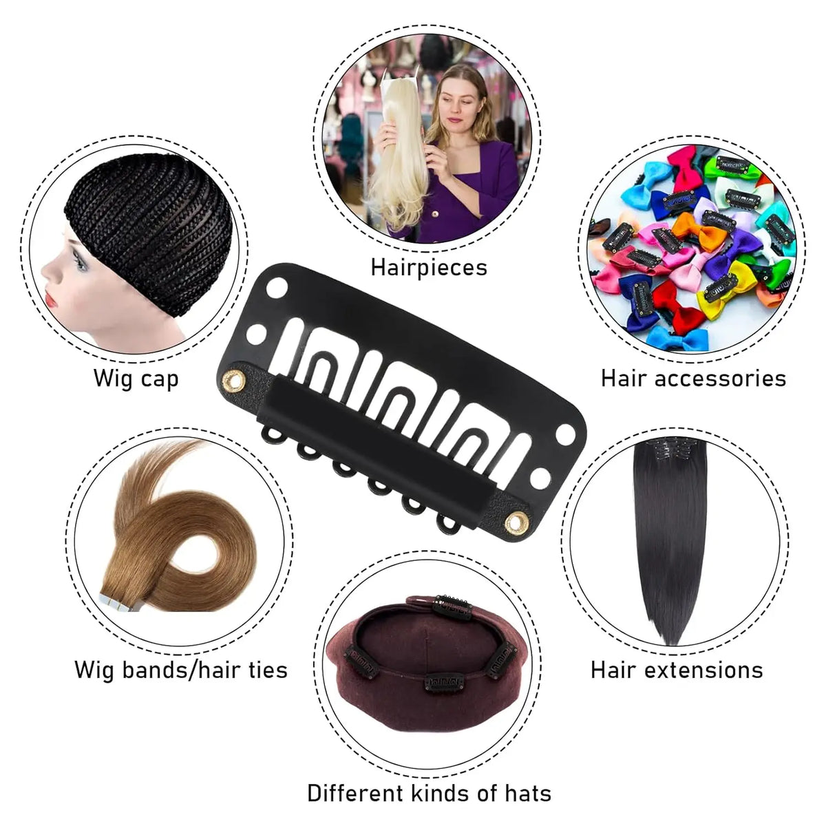 A collection of hair accessories including wig caps, hair extensions, and various types of hats.