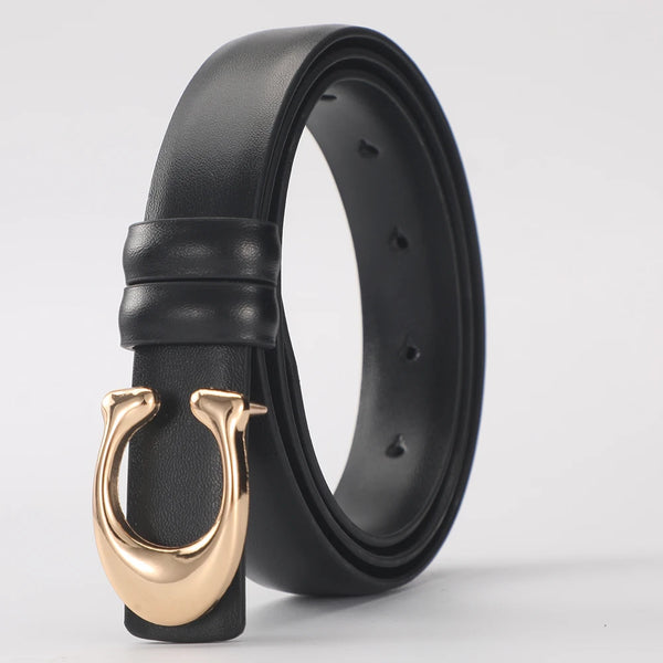 Black smooth double-sided belt with a gold C-shaped buckle shown from the side.