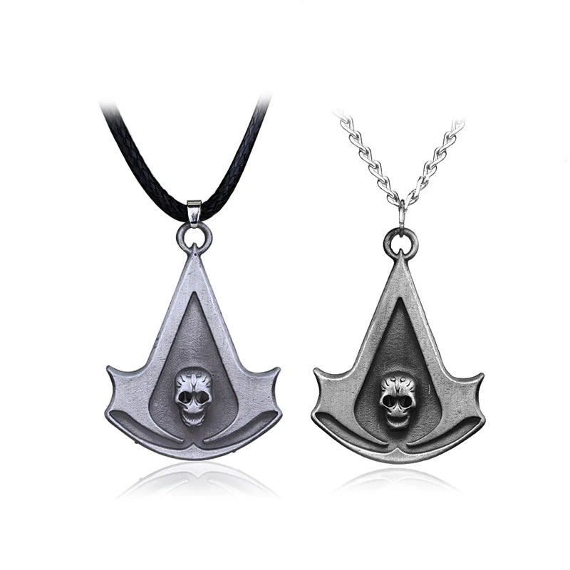 Stainless steel pendant necklace featuring an arrowhead design with a skull motif and a silver chain.