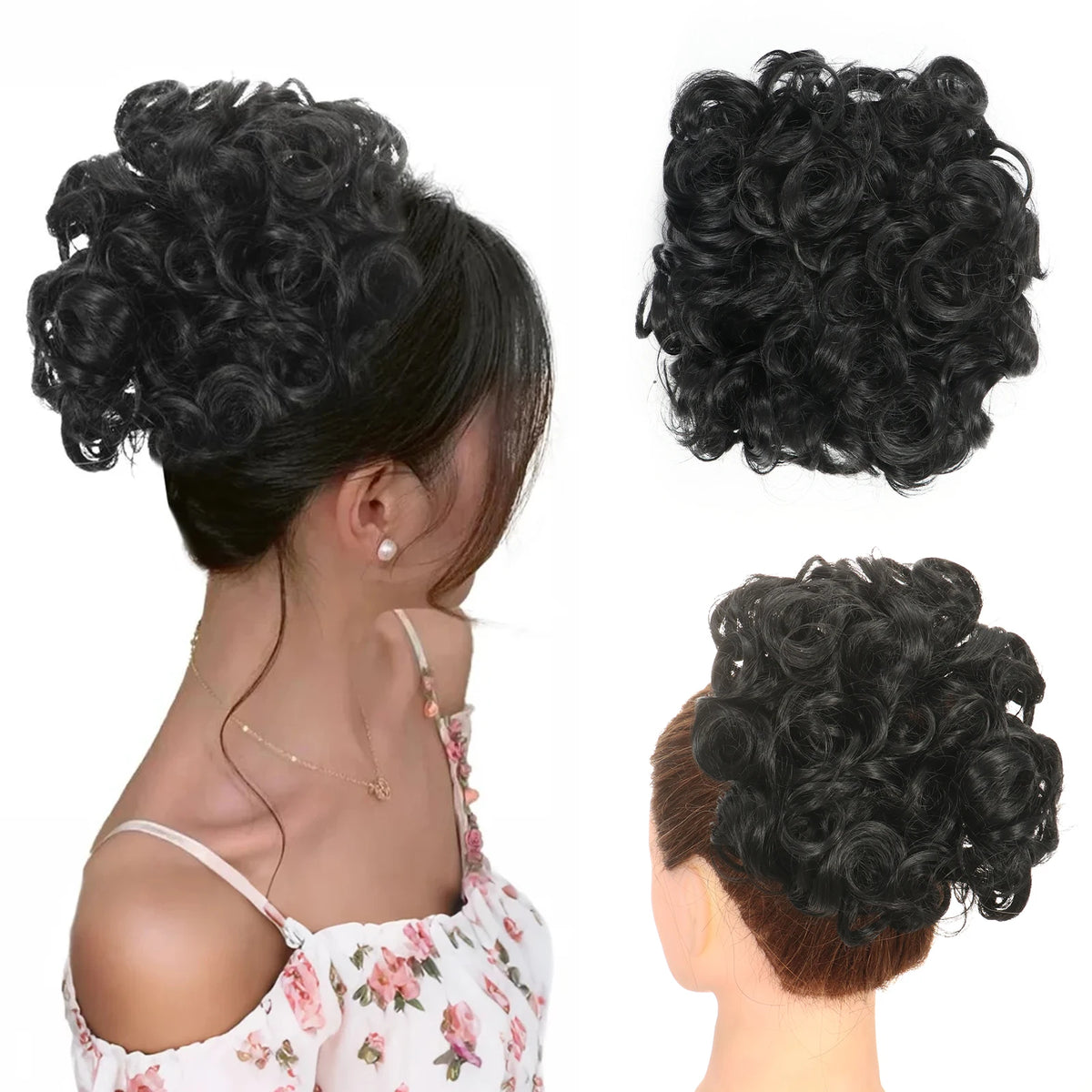 A woman shows off a black synthetic curly chignon hairstyle with loose curls and a messy bun look.