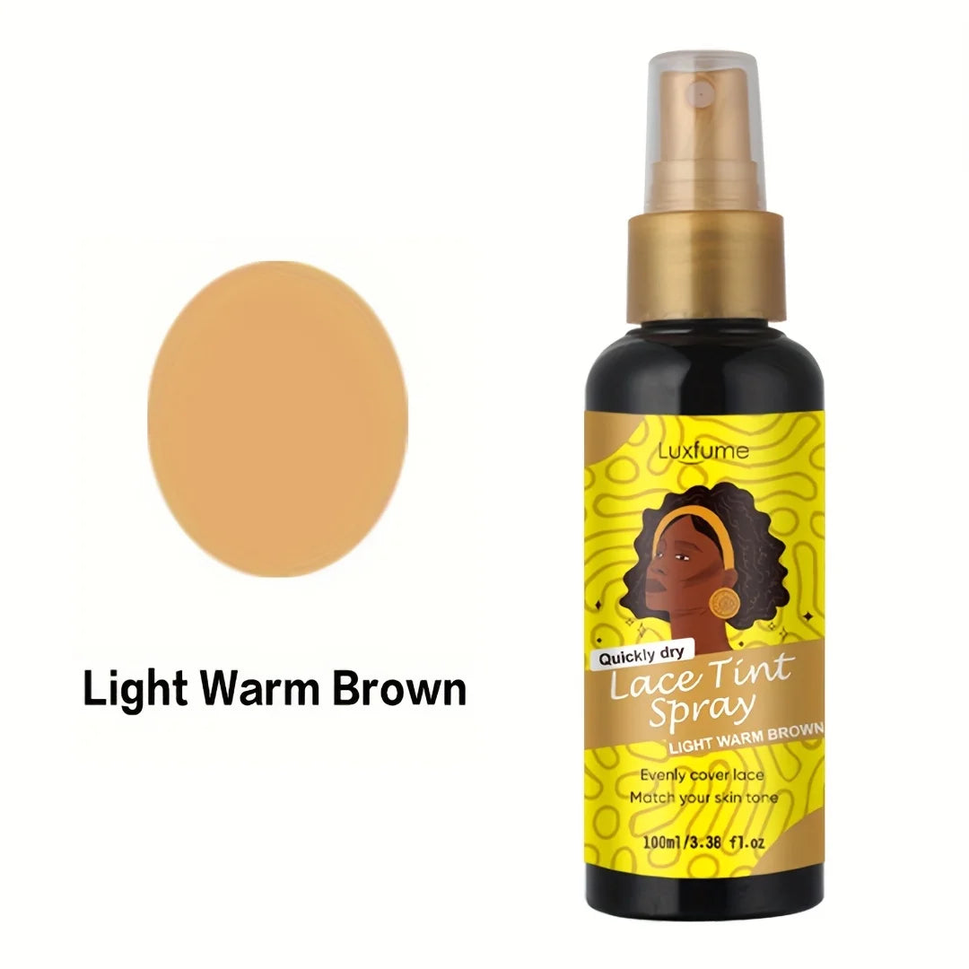 A bottle of Luxfume Light Warm Brown Lace Tint Spray with a gold pump dispenser.