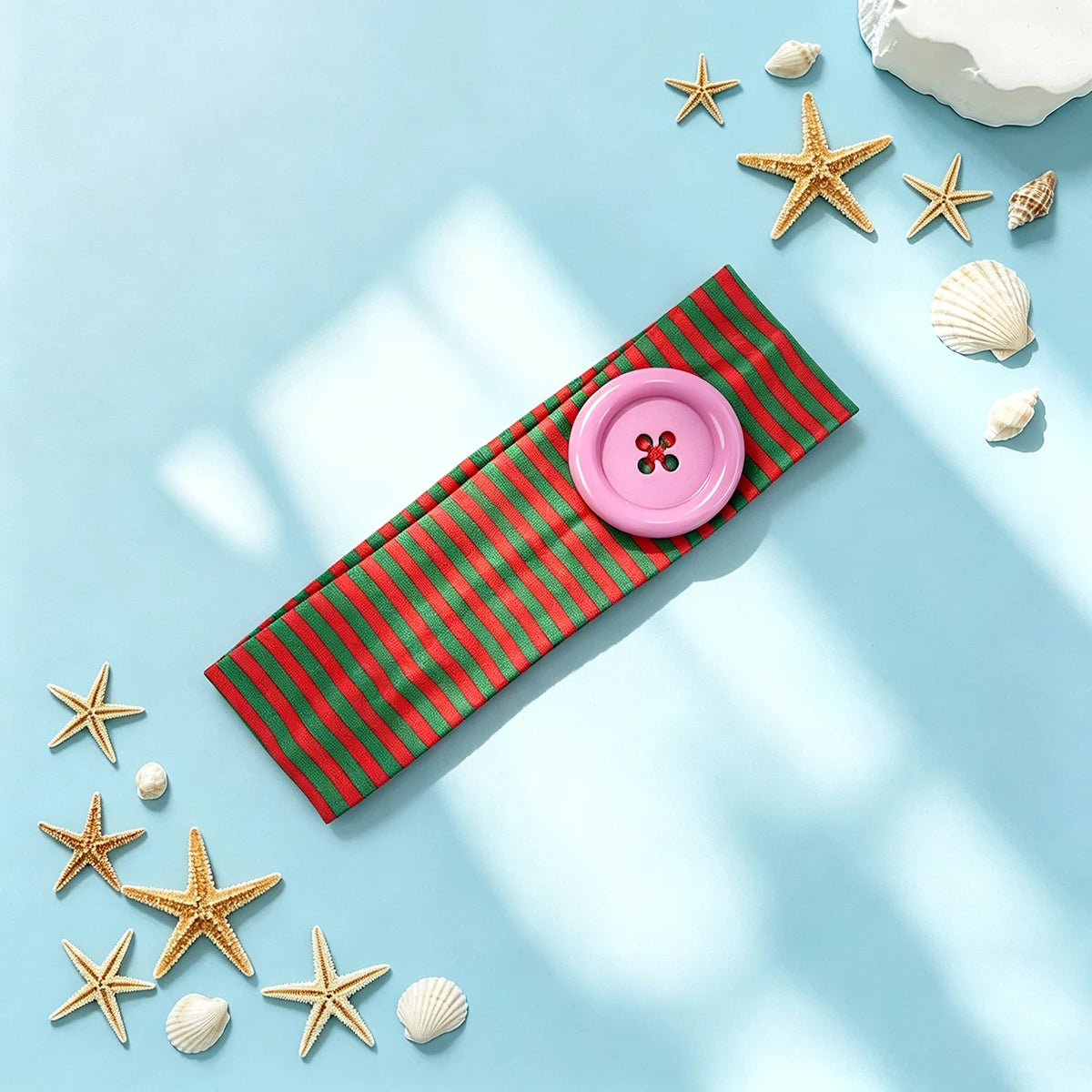 A pink polka dot button headband laid on a light blue surface with starfish and seashell decorations.