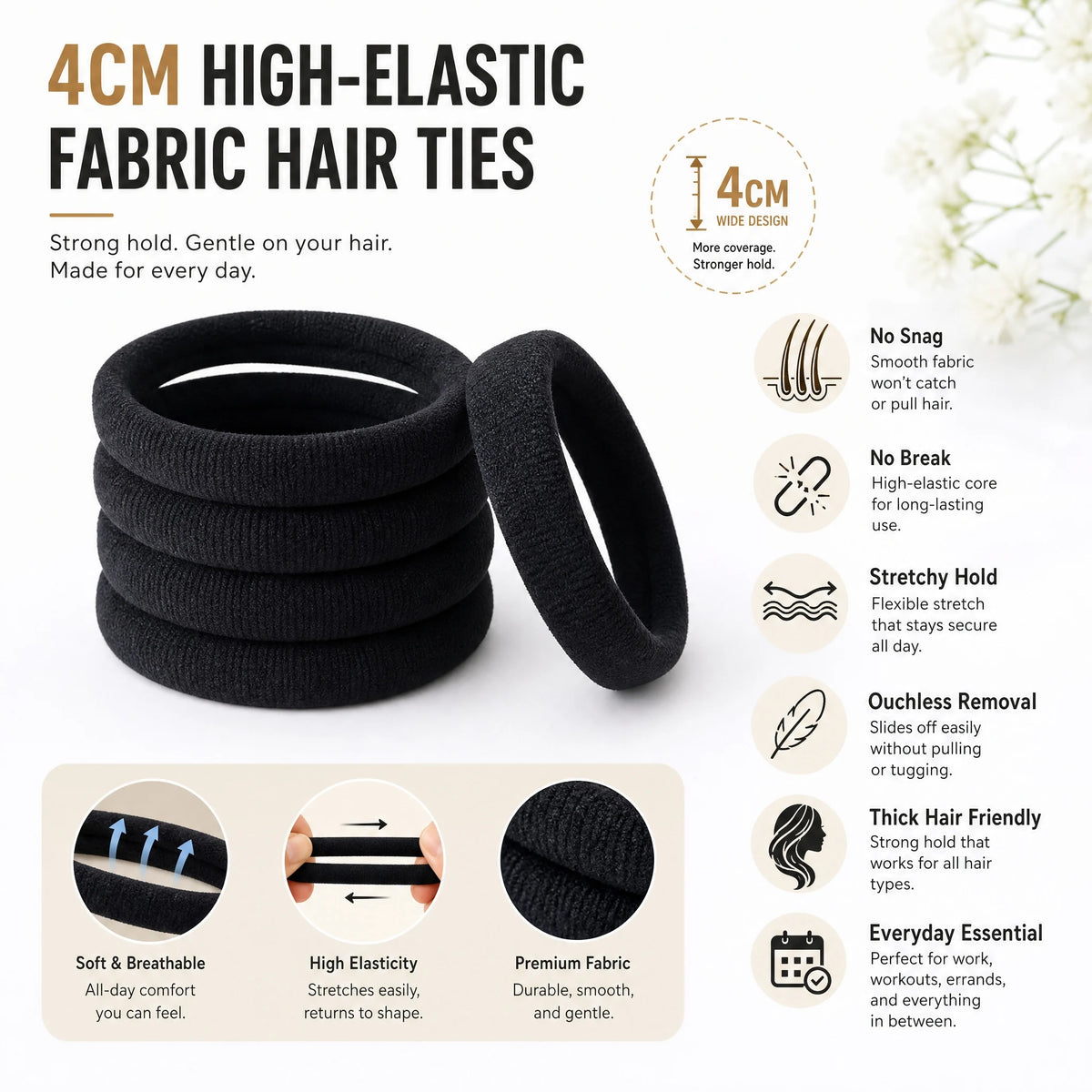 Une pile de quatre élastiques noirs pour cheveux de différentes tailles à côté d'un seul élastique.