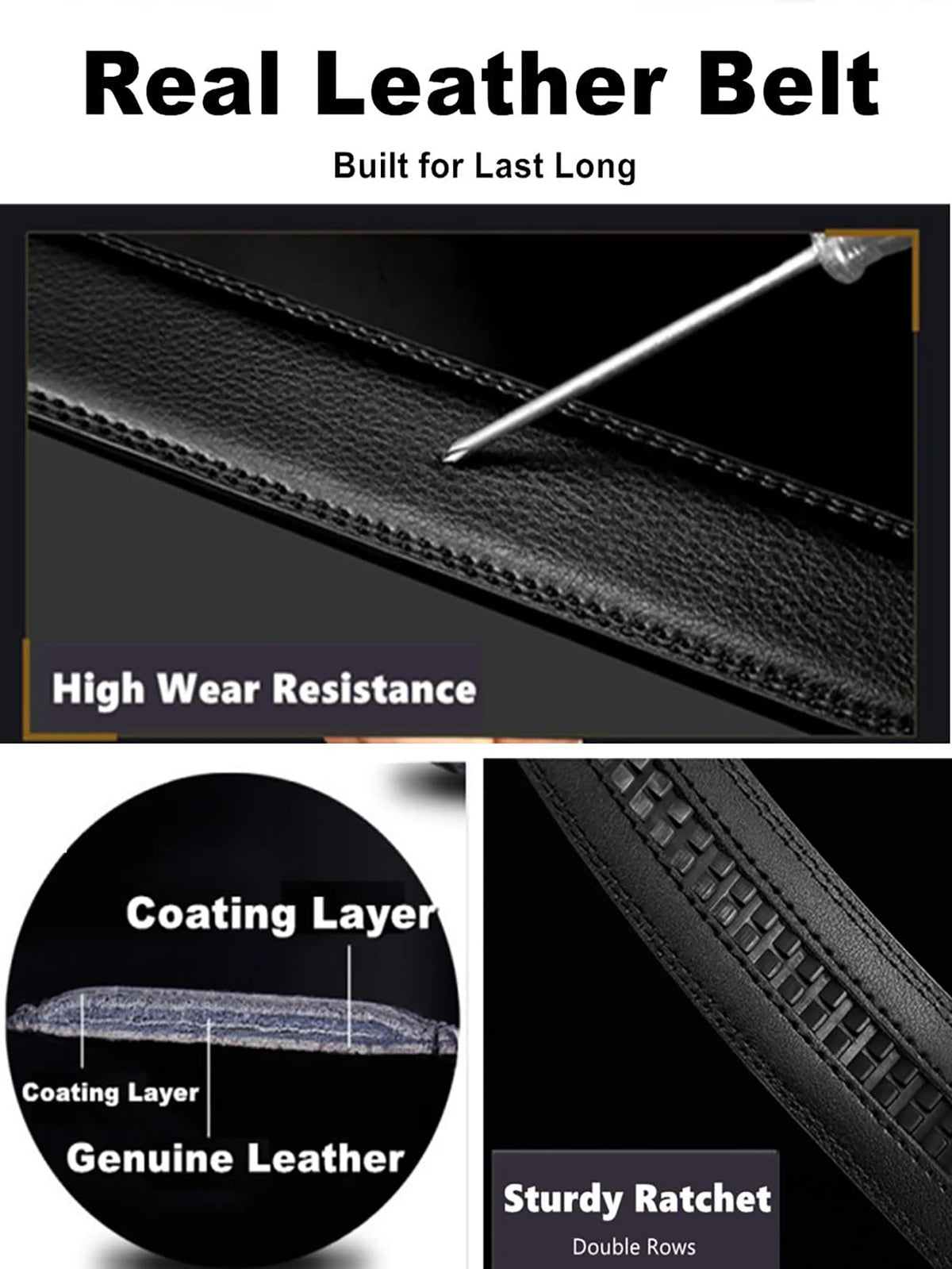 Close-up view of a black real leather belt showing the coating layer and sturdy ratchet mechanism.