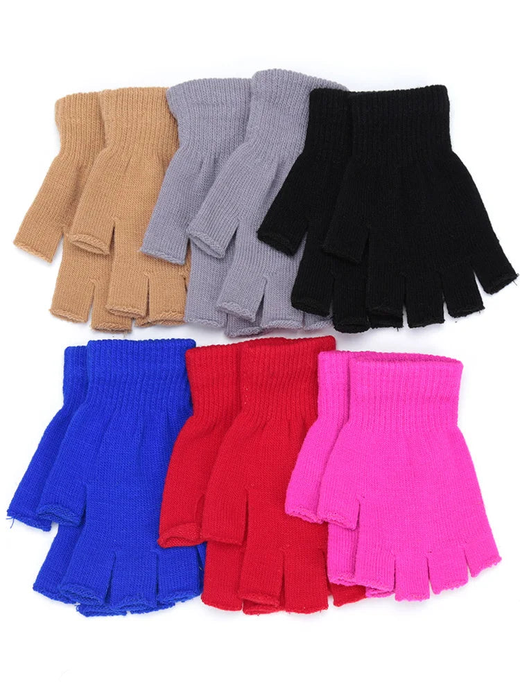 A collection of knit half finger gloves in various colors including beige, gray, black, blue, and pink.