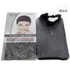 Black weaving cap net for hair with a model wearing it and a separate mesh net product.