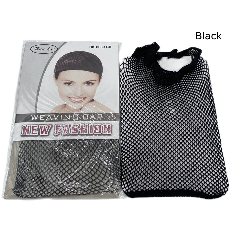 Black weaving cap net for hair with a model wearing it and a separate mesh net product.