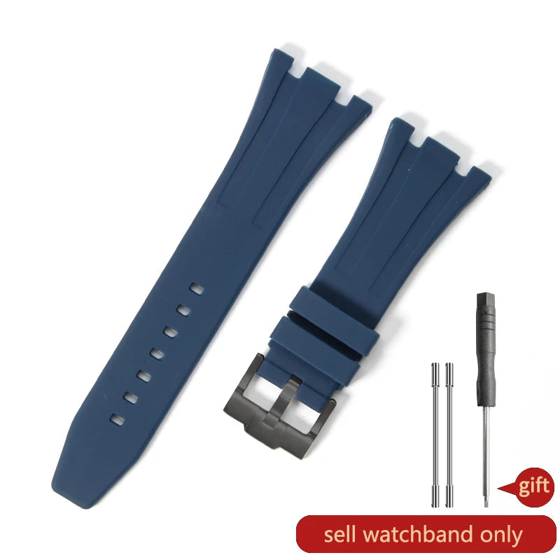 A dark blue silicone watch band with a buckle and a separate pin is shown on a white background.