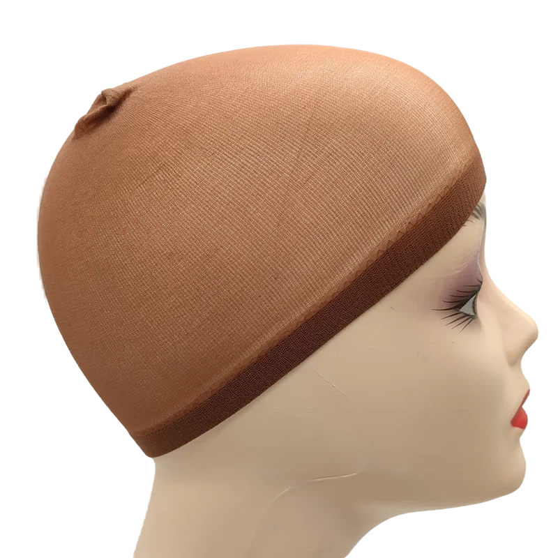 A close-up of a tan stretch mesh wig net cap being worn on a mannequin head.