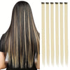 A set of 24 inch colored hair extensions featuring dark brown and blonde highlights.