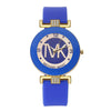 A blue quartz wristwatch with a gold-toned case and bracelet featuring a glitter dial.