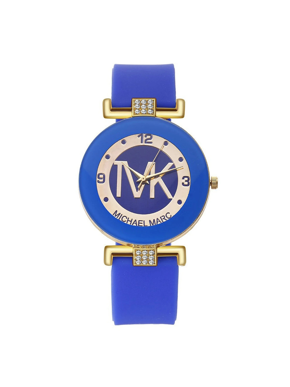 A blue quartz wristwatch with a gold-toned case and bracelet featuring a glitter dial.