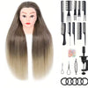 A display of professional cosmetology practice mannequin heads with long, straight gray hair and various styling tools.